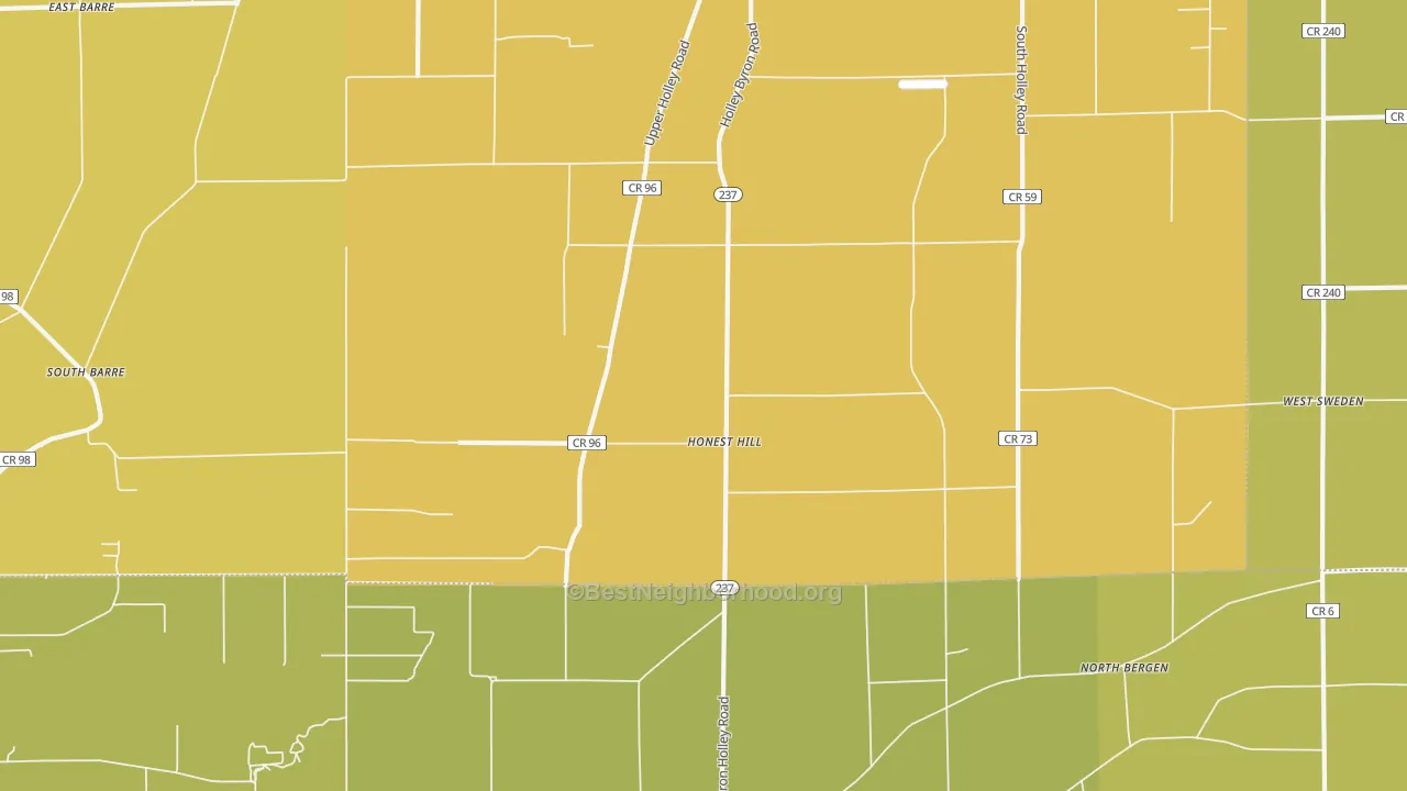 Map of the best neighborhoods in the Honest Hill area, with better matches in green and worse matches in red