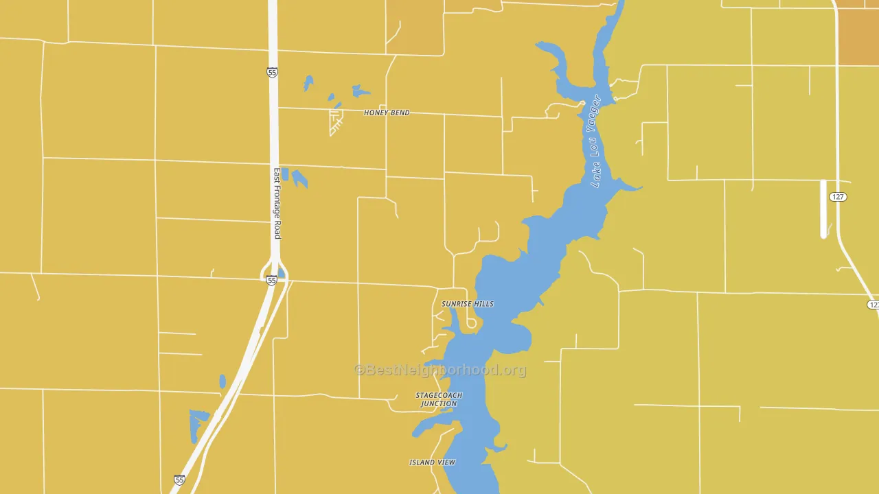 Map of the best neighborhoods in the Honey Bend area, with better matches in green and worse matches in red