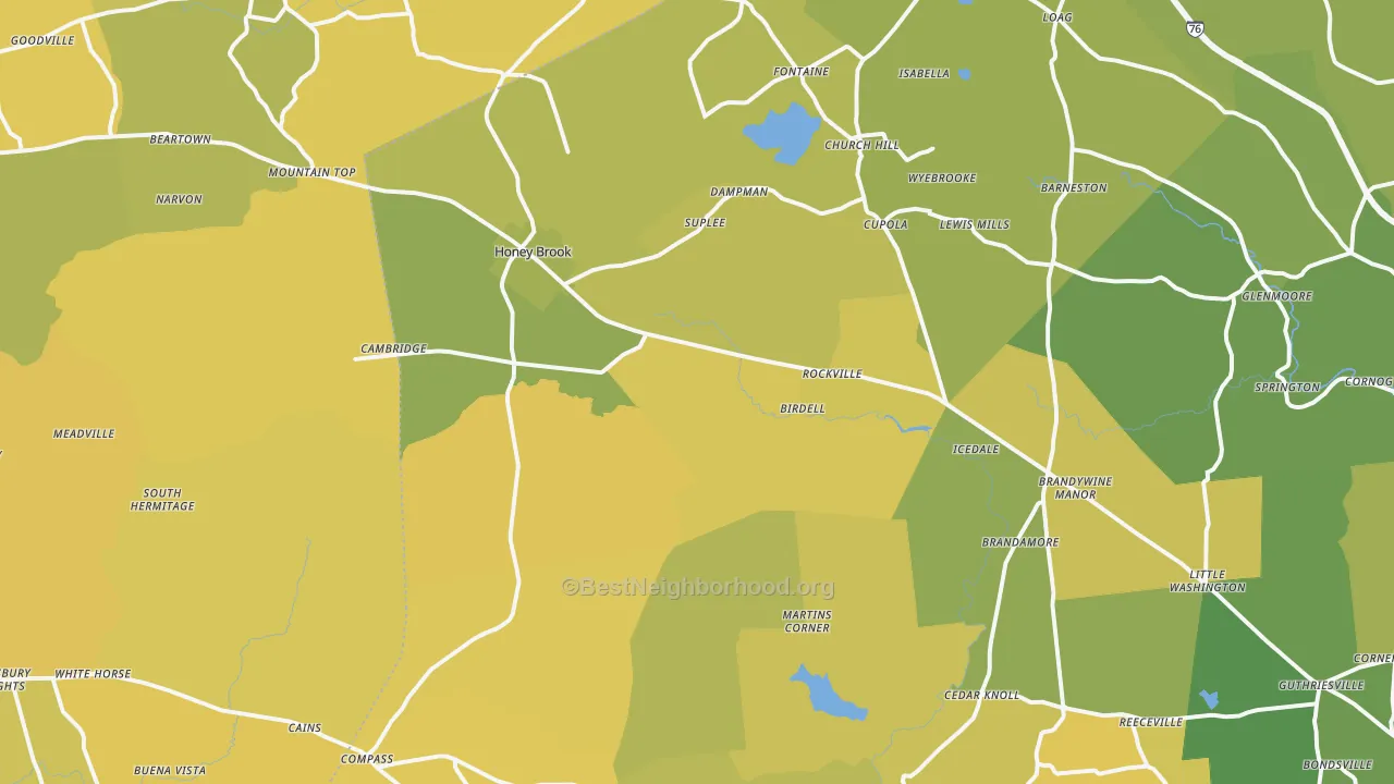 Map of the best neighborhoods in the Honey Brook area, with better matches in green and worse matches in red
