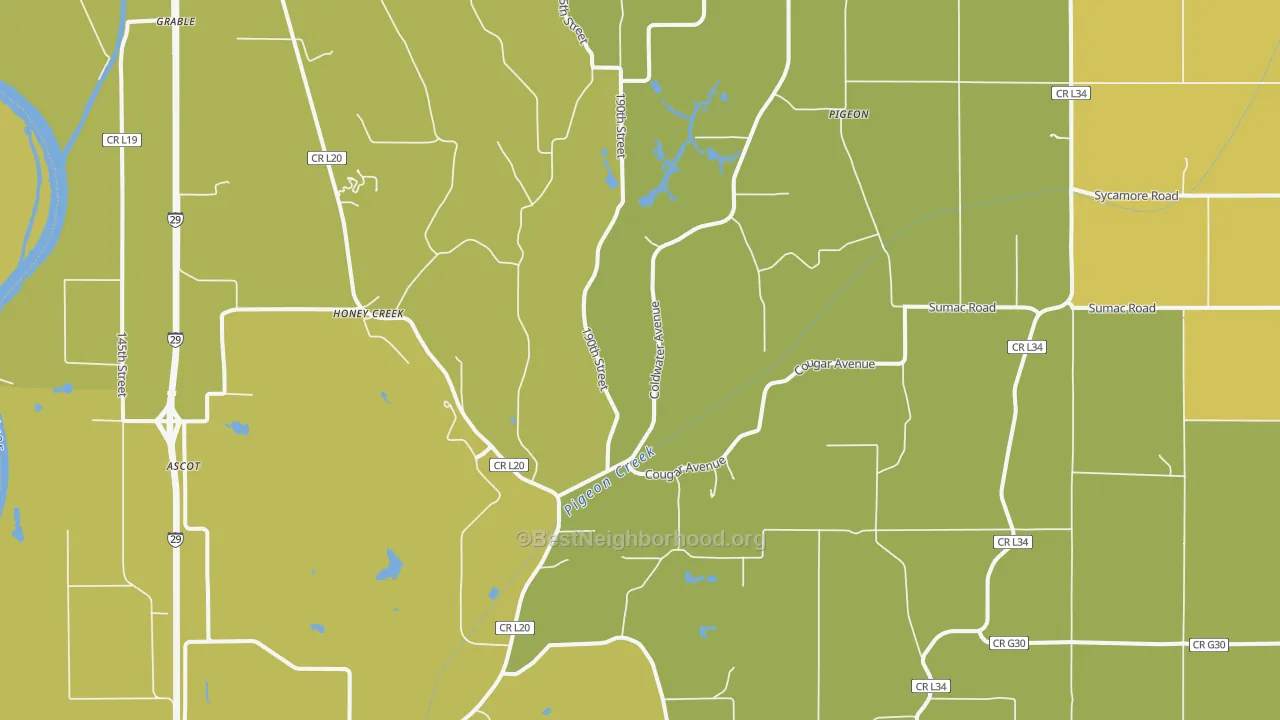 Map of the best neighborhoods in the Honey Creek area, with better matches in green and worse matches in red