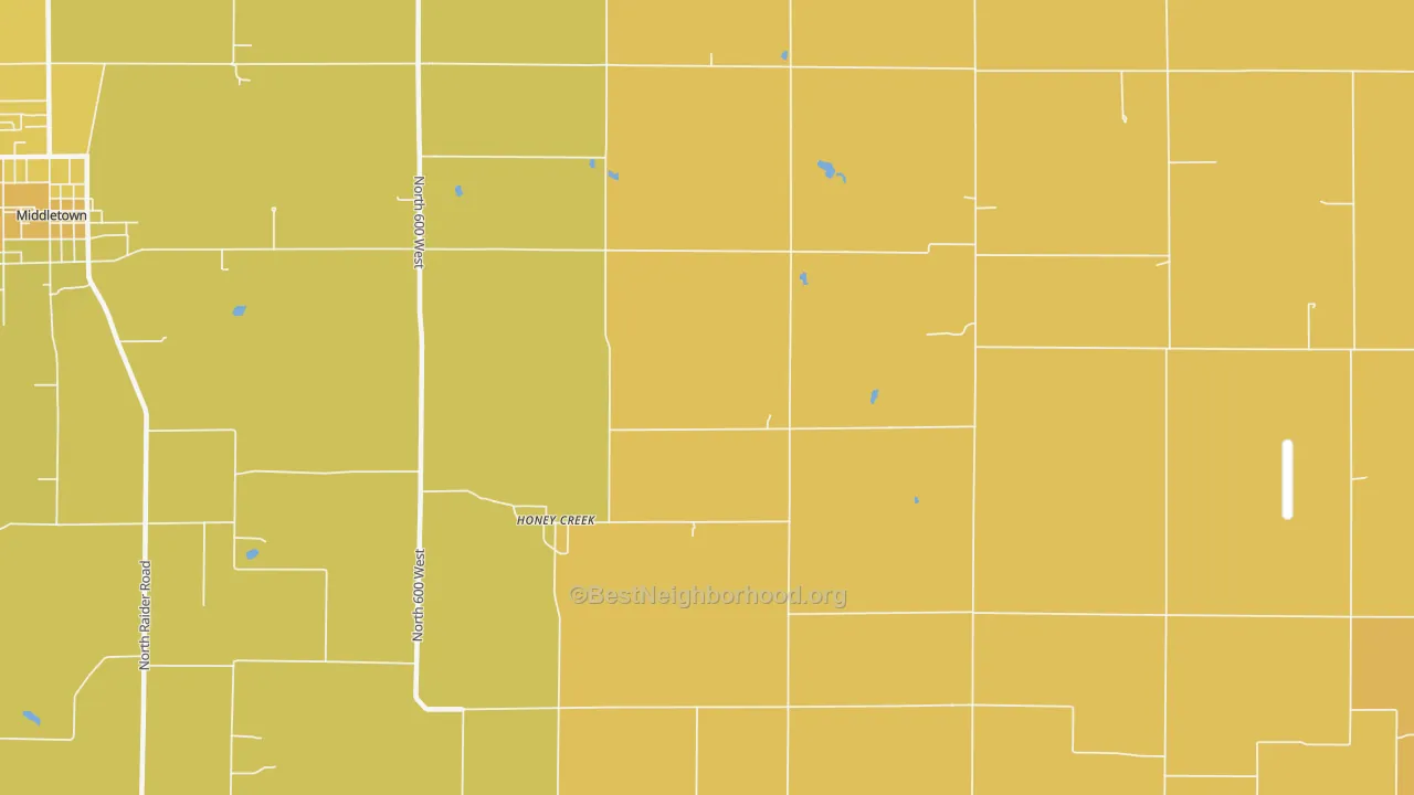 Map of the best neighborhoods in the Honey Creek area, with better matches in green and worse matches in red