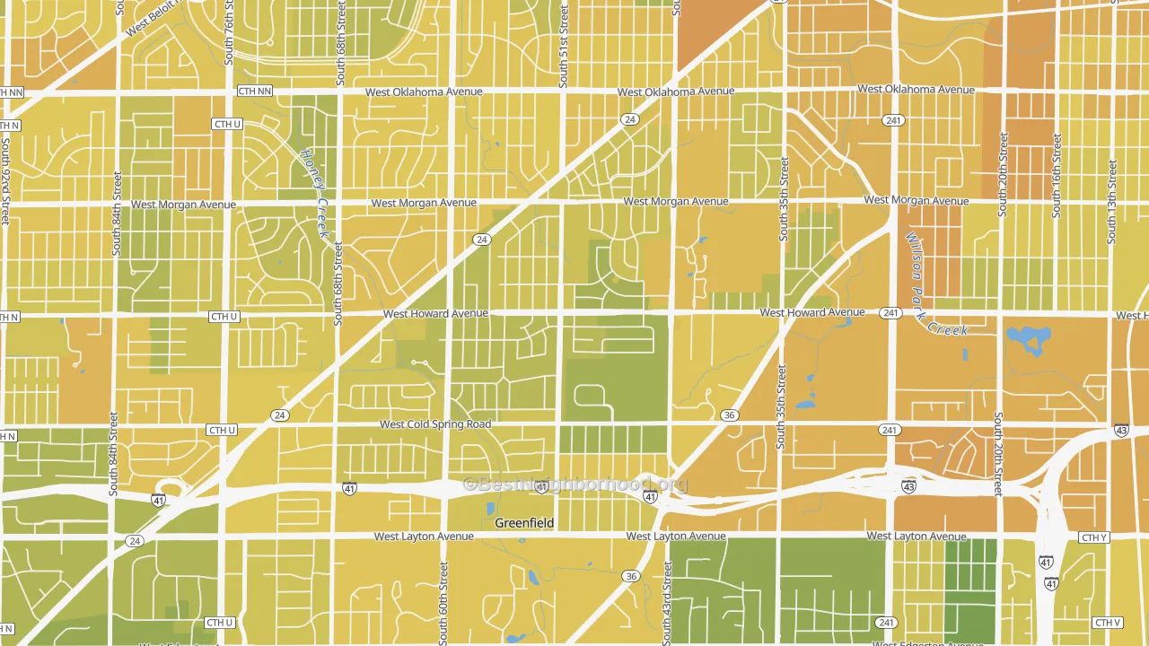 Map of the best neighborhoods in the Honey Creek Manor, Milwaukee area, with better matches in green and worse matches in red