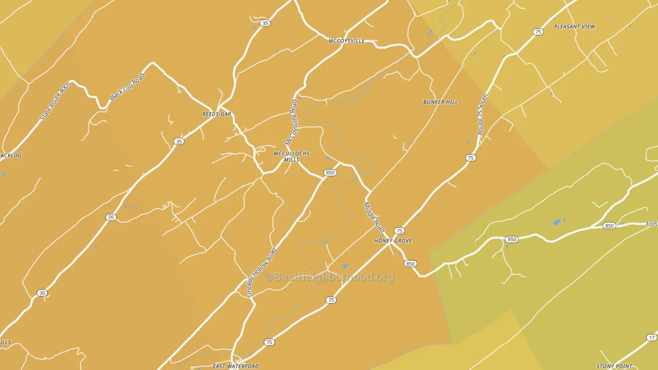 Map of the best neighborhoods in the Honey Grove area, with better matches in green and worse matches in red