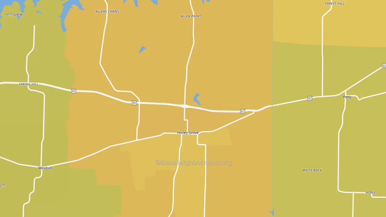 Map of the best neighborhoods in the Honey Grove area, with better matches in green and worse matches in red