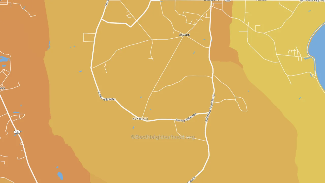 Map of the best neighborhoods in the Honey Hill area, with better matches in green and worse matches in red