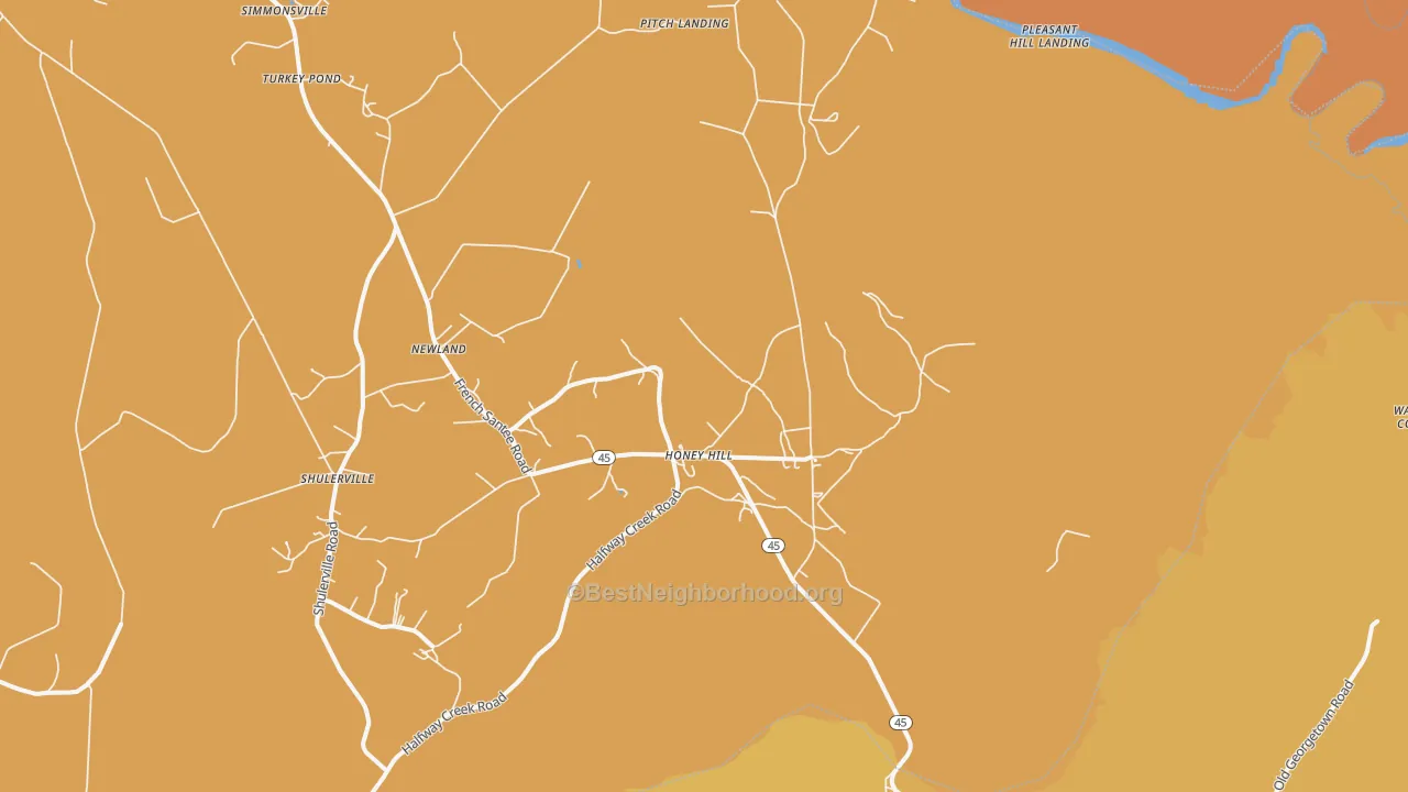 Map of the best neighborhoods in the Honey Hill area, with better matches in green and worse matches in red