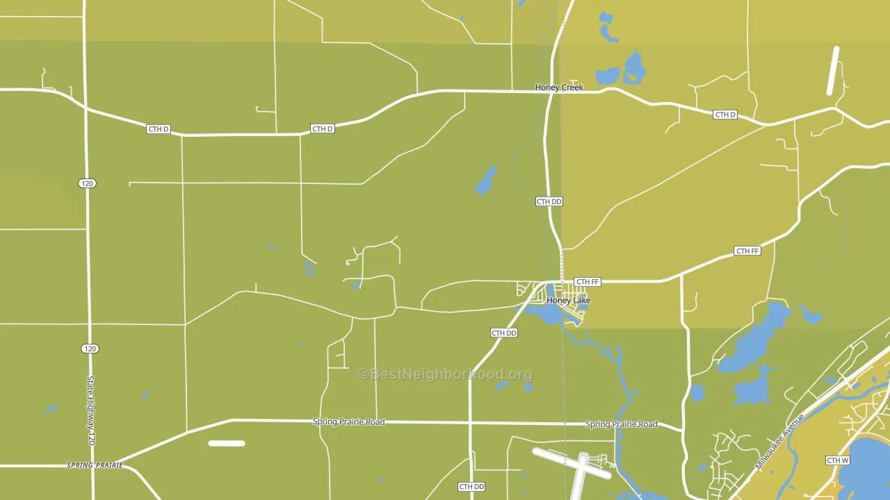 Map of the best neighborhoods in the Honey Lake area, with better matches in green and worse matches in red