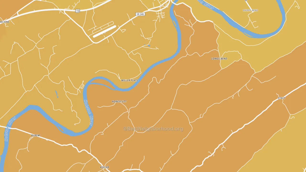 Map of the best neighborhoods in the Honeycutt area, with better matches in green and worse matches in red