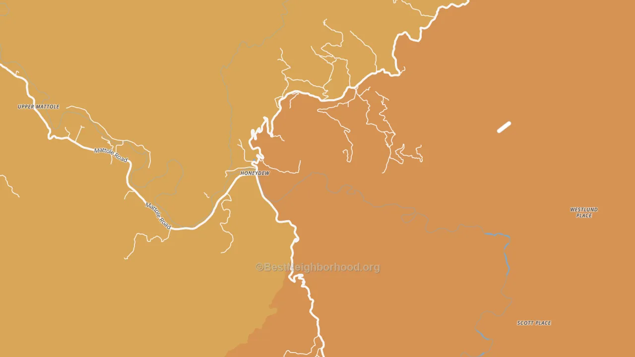 Map of the best neighborhoods in the Honeydew area, with better matches in green and worse matches in red
