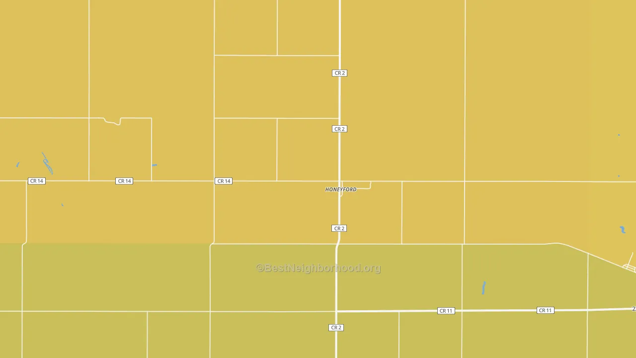 Map of the best neighborhoods in the Honeyford area, with better matches in green and worse matches in red
