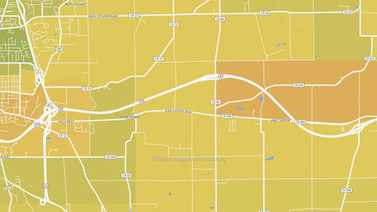 Map of the best neighborhoods in the Honeytown area, with better matches in green and worse matches in red