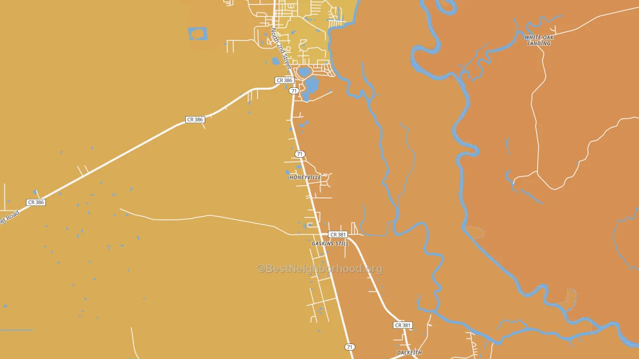 Map of the best neighborhoods in the Honeyville area, with better matches in green and worse matches in red