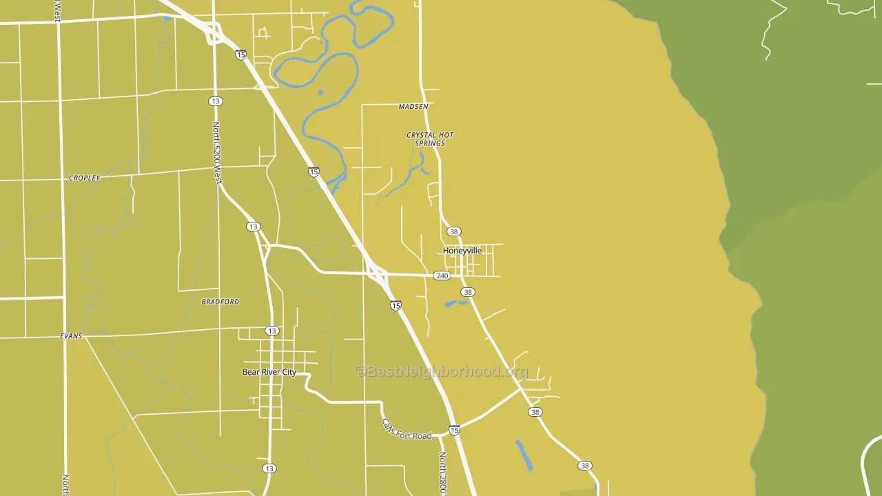 Map of the best neighborhoods in the Honeyville area, with better matches in green and worse matches in red