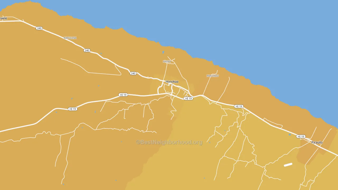 Map of the best neighborhoods in the Honokaa area, with better matches in green and worse matches in red