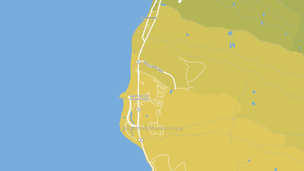 Map of the best neighborhoods in the Honokowai area, with better matches in green and worse matches in red