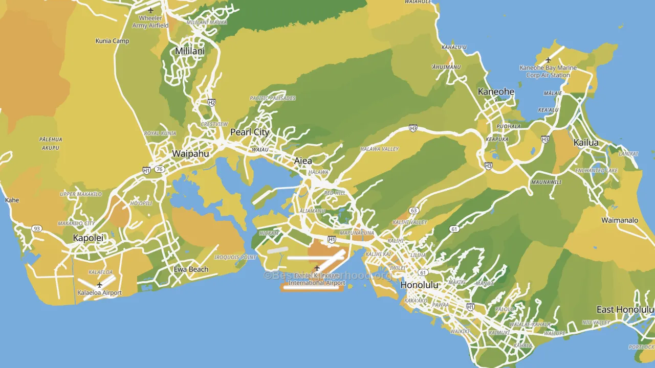 Map of the best neighborhoods in the Honolulu County area, with better matches in green and worse matches in red