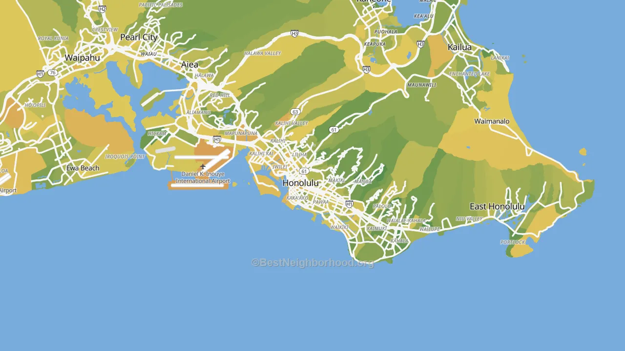 Map of the best neighborhoods in the Honolulu Metro area, with better matches in green and worse matches in red