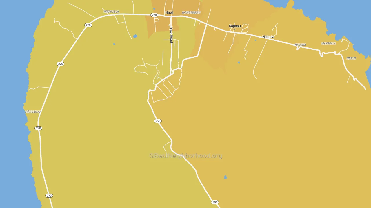 Map of the best neighborhoods in the Honomakau area, with better matches in green and worse matches in red