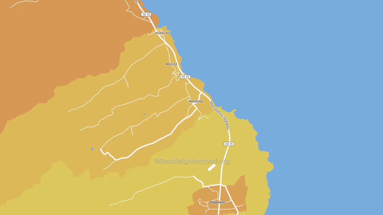 Map of the best neighborhoods in the Honomu area, with better matches in green and worse matches in red