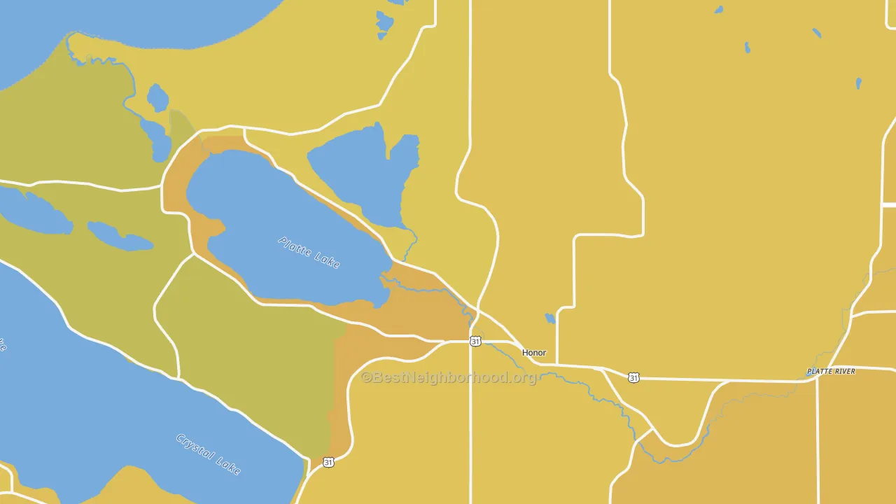 Map of the best neighborhoods in the Honor area, with better matches in green and worse matches in red