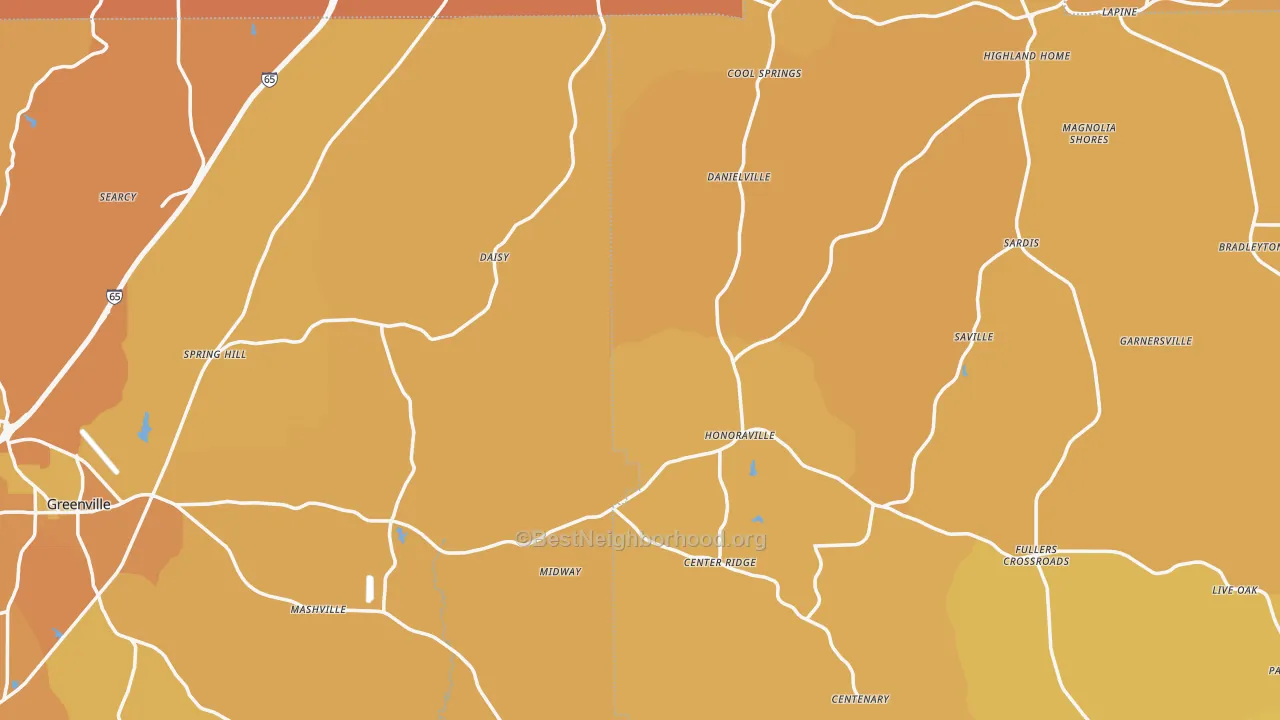 Map of the best neighborhoods in the Honoraville area, with better matches in green and worse matches in red