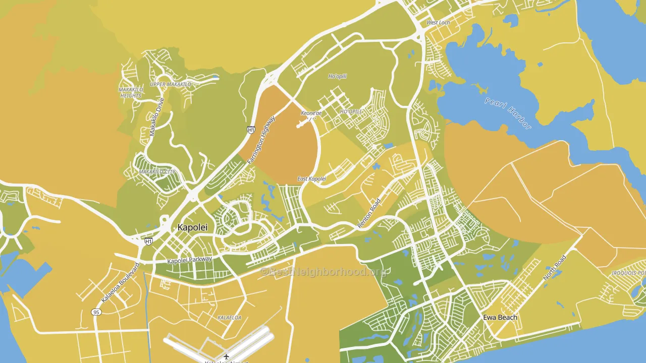 Map of the best neighborhoods in the Honouliuli area, with better matches in green and worse matches in red