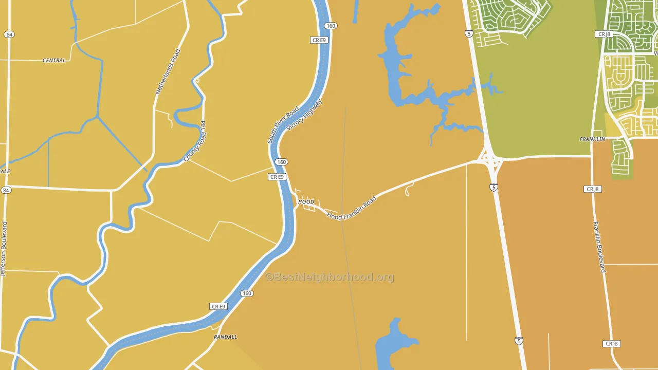 Map of the best neighborhoods in the Hood area, with better matches in green and worse matches in red