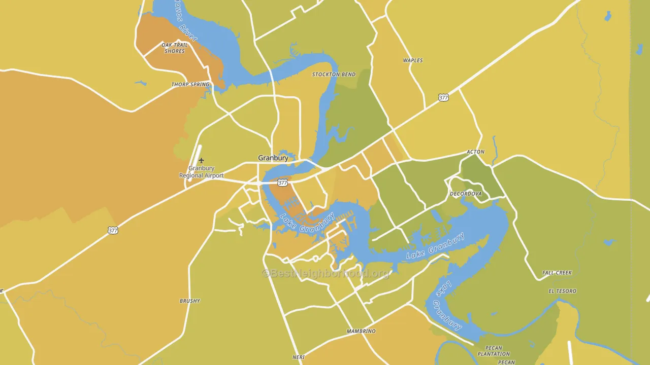 Map of the best neighborhoods in the Hood County area, with better matches in green and worse matches in red