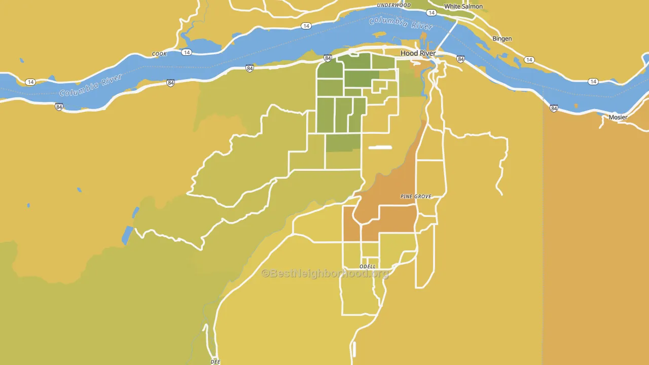 Map of the best neighborhoods in the Hood River County area, with better matches in green and worse matches in red