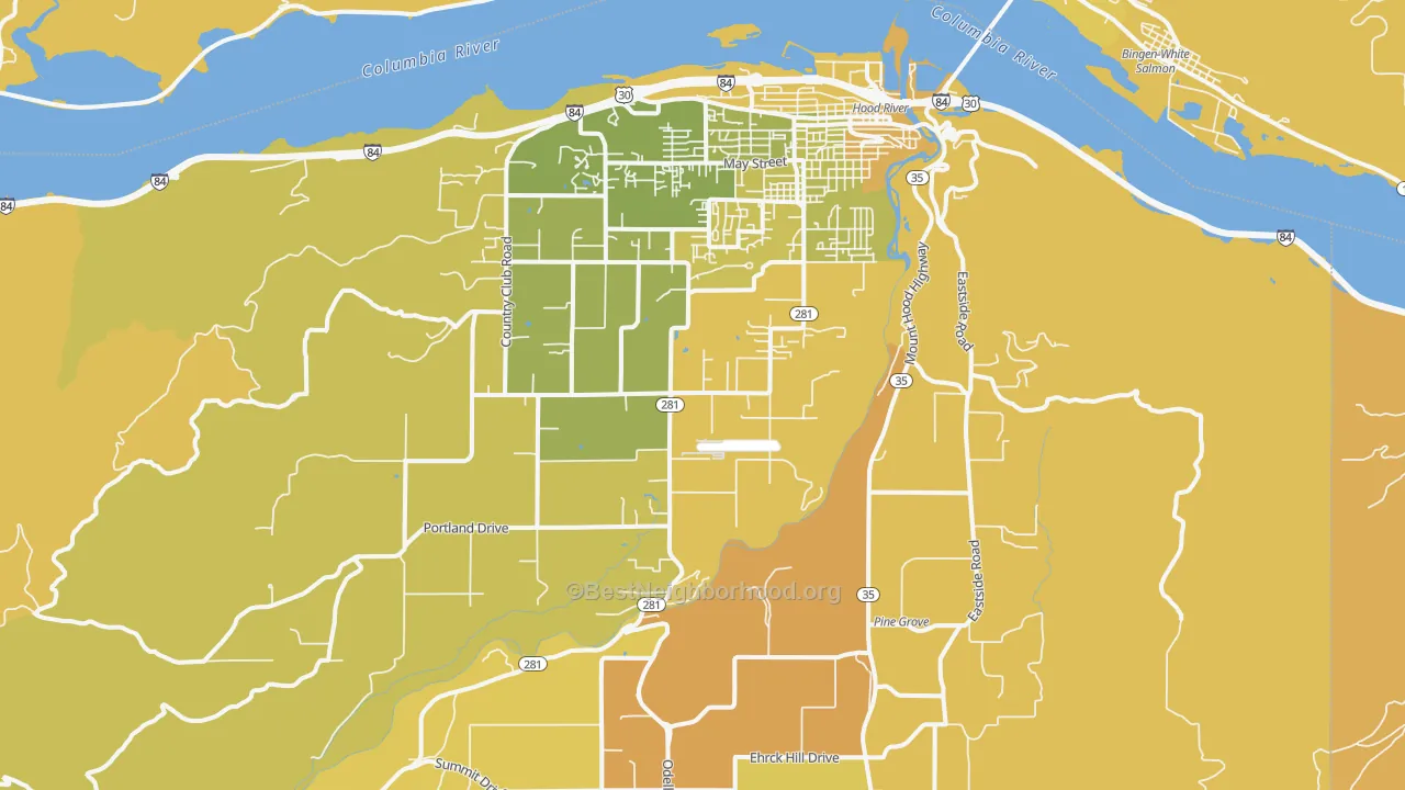 Map of the best neighborhoods in the Hood River area, with better matches in green and worse matches in red