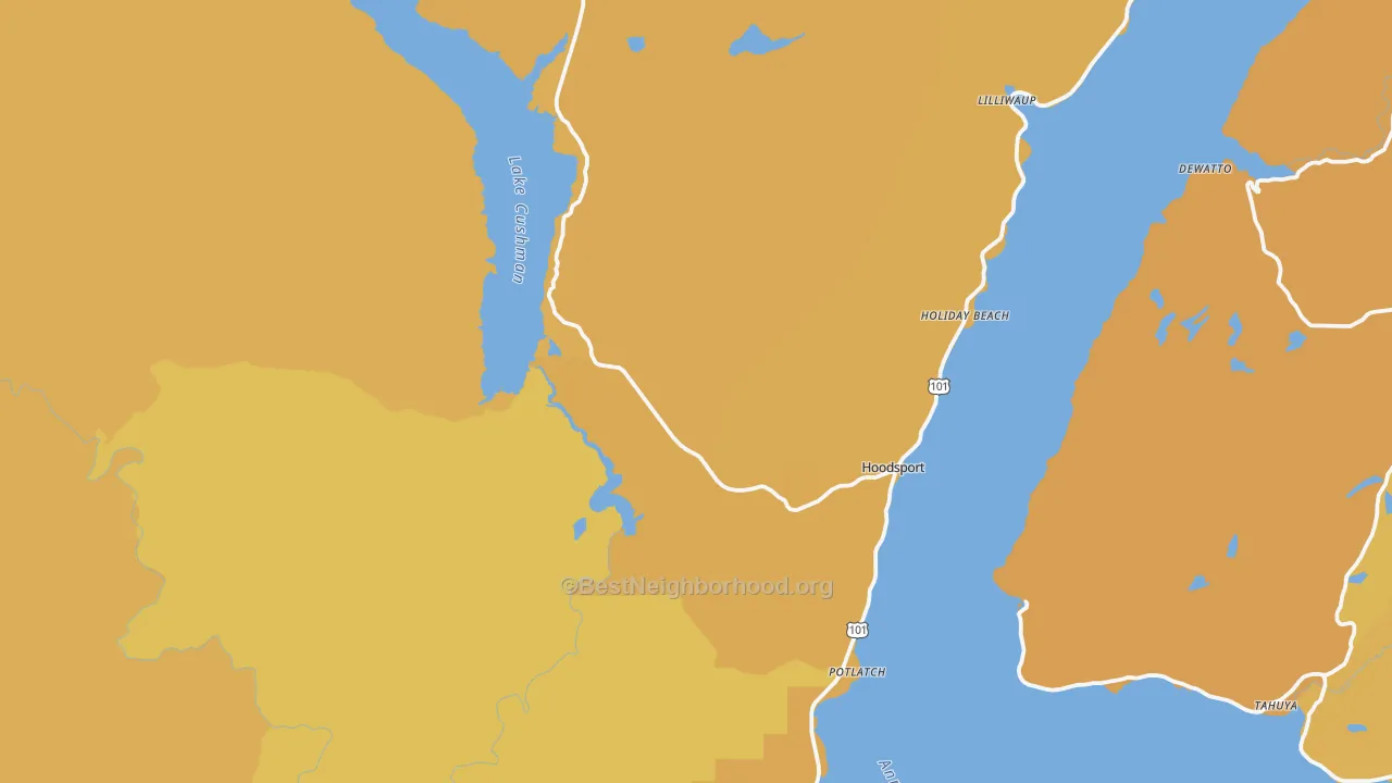 Map of the best neighborhoods in the Hoodsport area, with better matches in green and worse matches in red