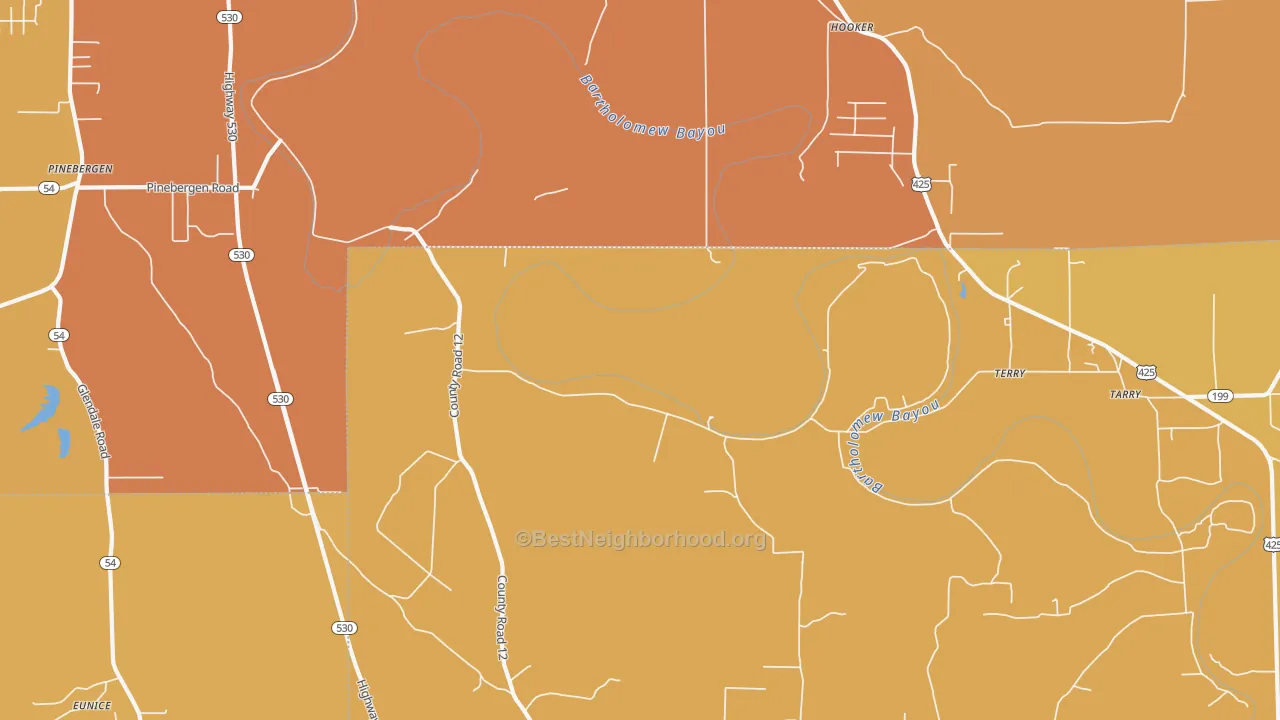 Map of the best neighborhoods in the Hooker area, with better matches in green and worse matches in red