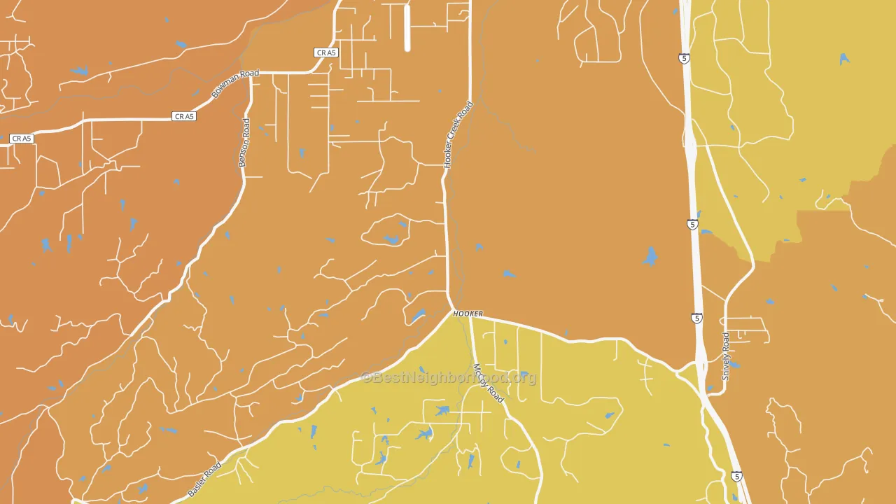 Map of the best neighborhoods in the Hooker area, with better matches in green and worse matches in red