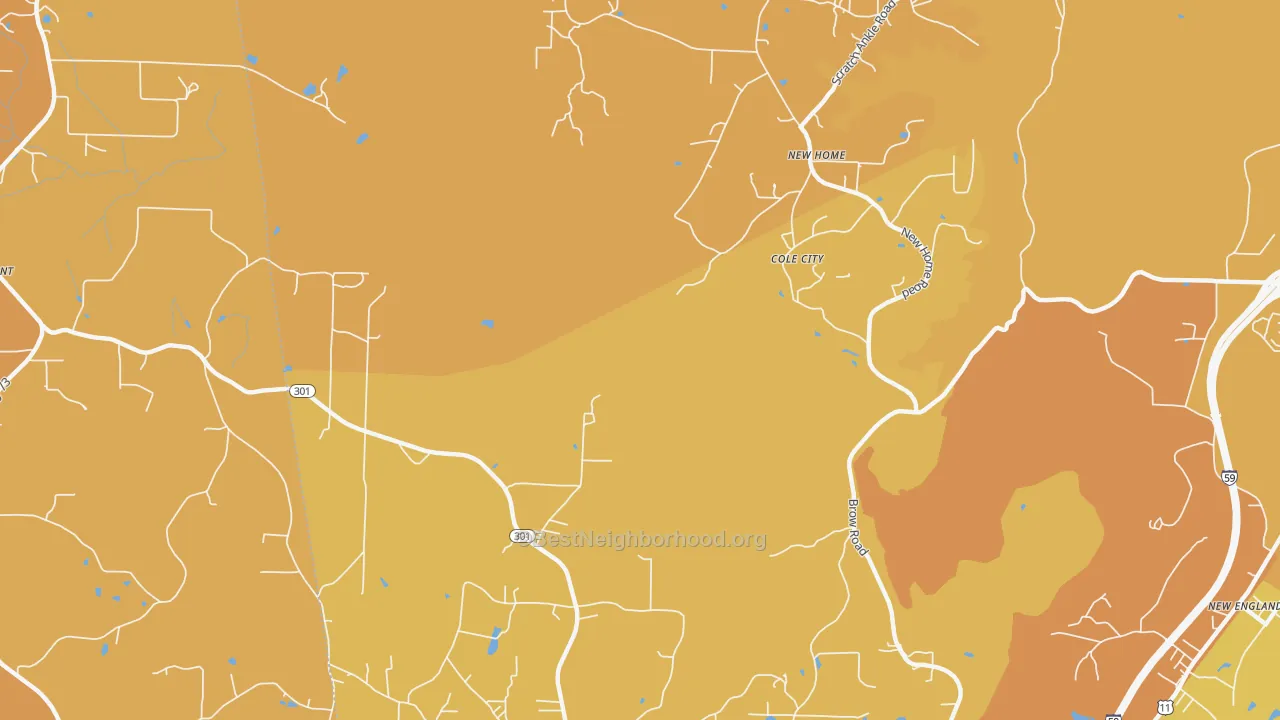 Map of the best neighborhoods in the Hooker area, with better matches in green and worse matches in red