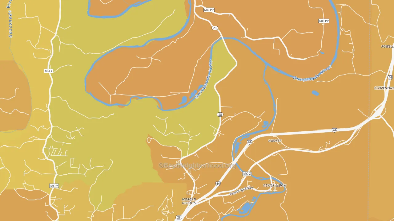 Map of the best neighborhoods in the Hooker area, with better matches in green and worse matches in red