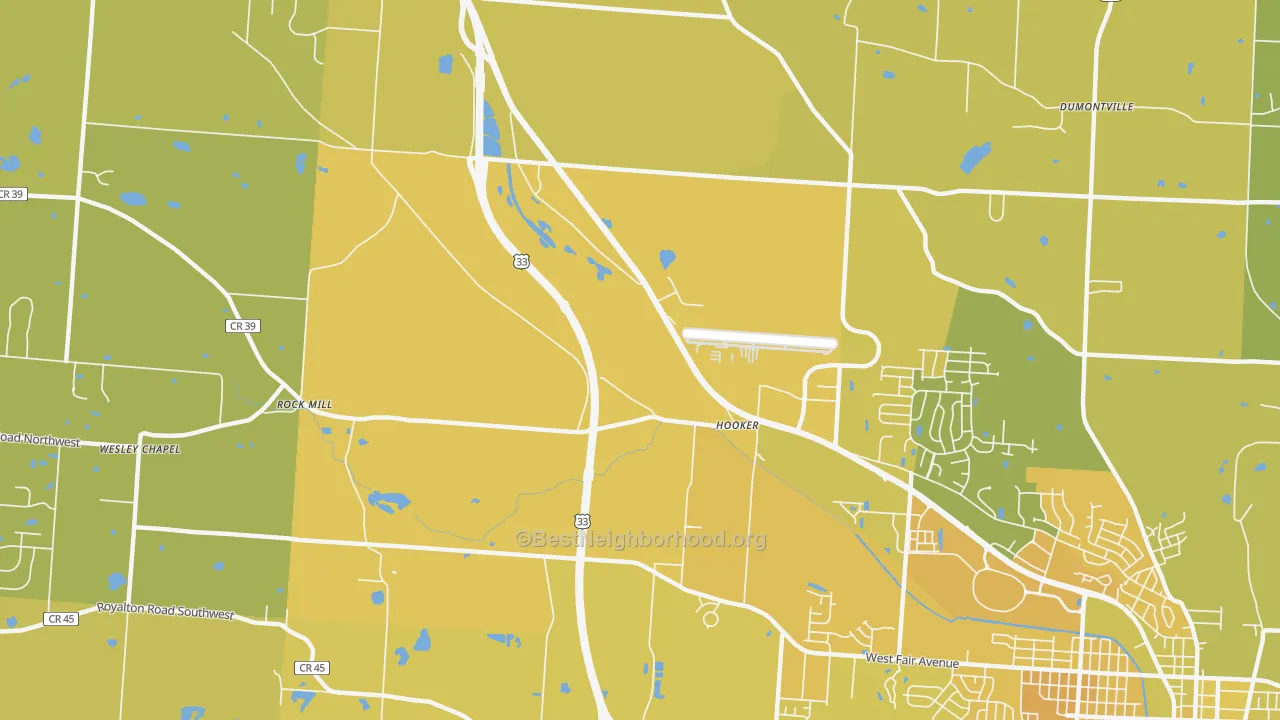 Map of the best neighborhoods in the Hooker area, with better matches in green and worse matches in red