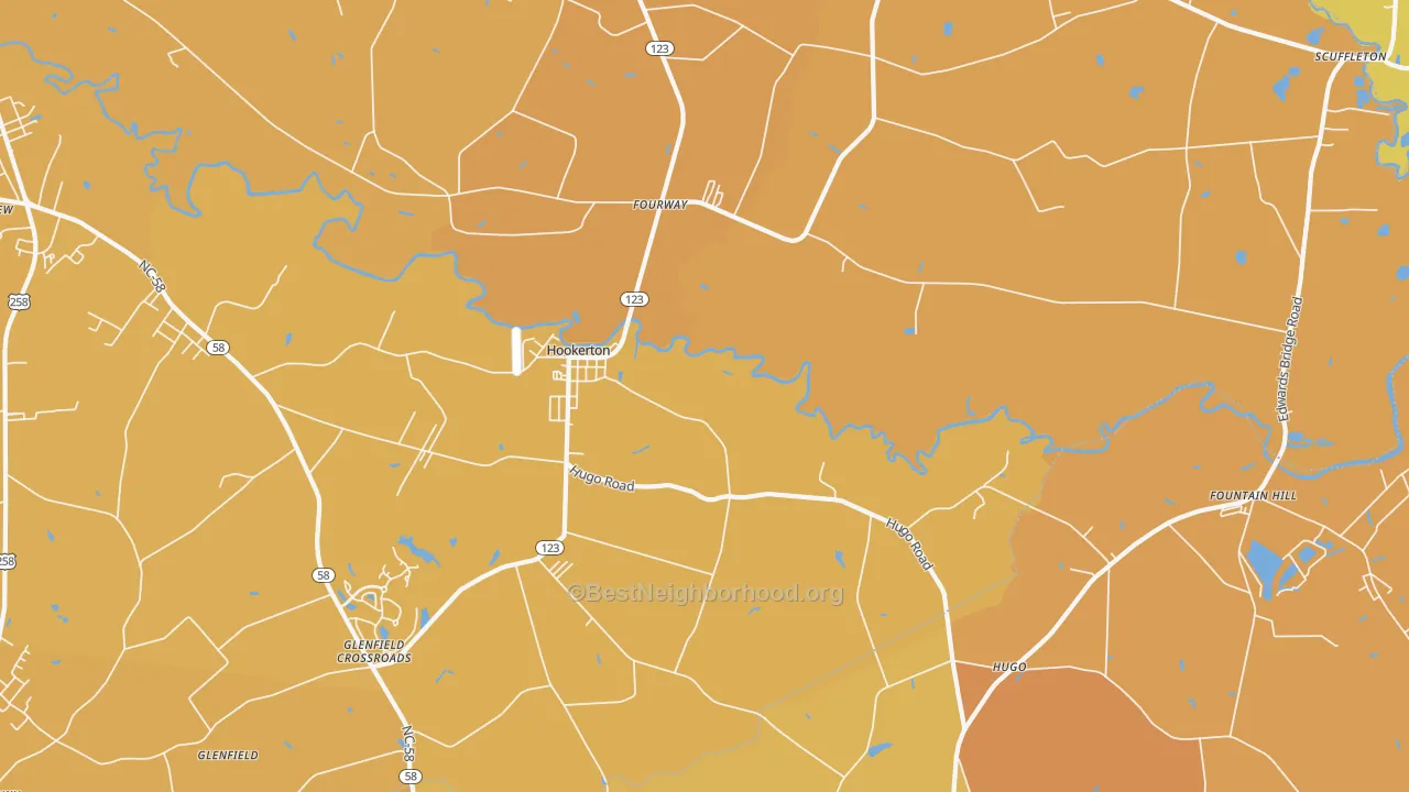 Map of the best neighborhoods in the Hookerton area, with better matches in green and worse matches in red