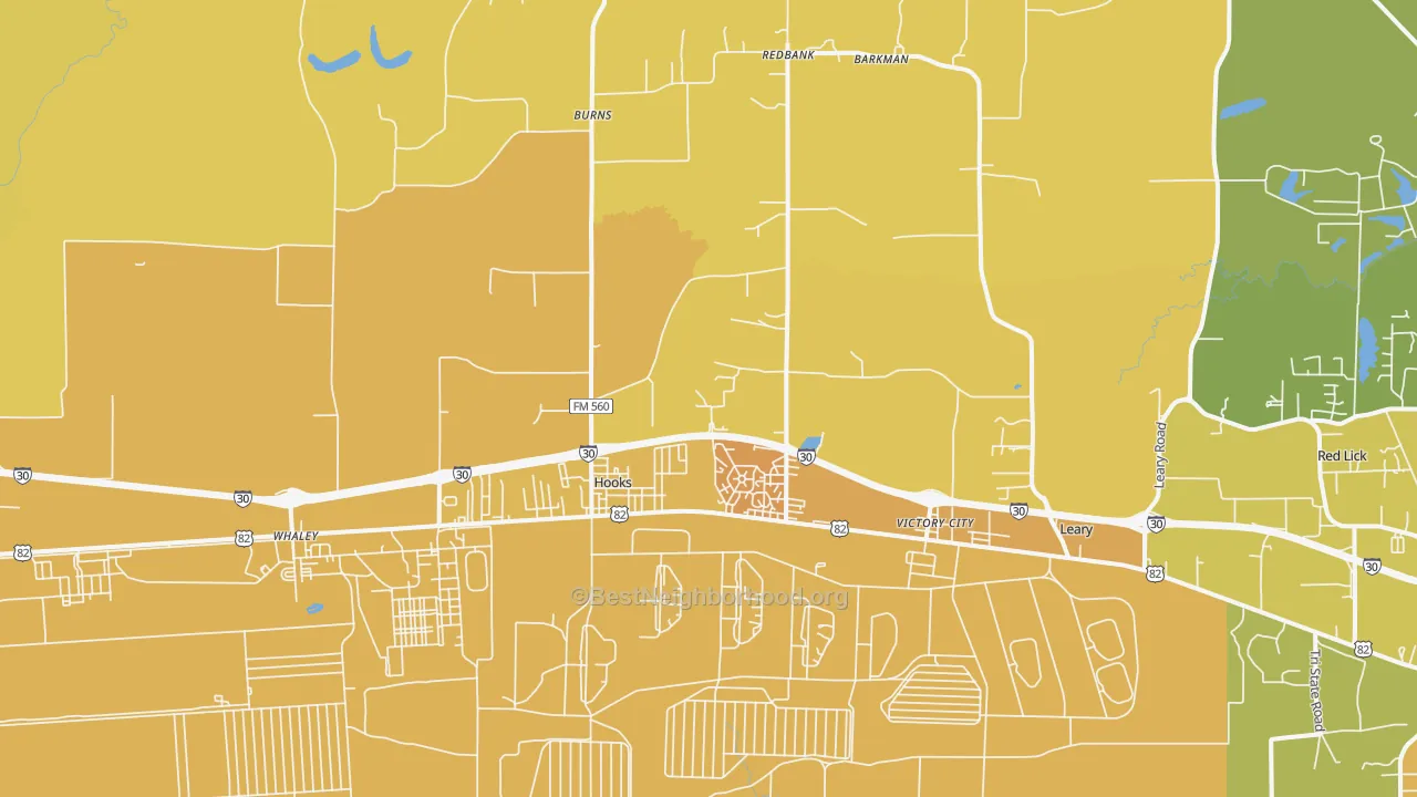 Map of the best neighborhoods in the Hooks area, with better matches in green and worse matches in red