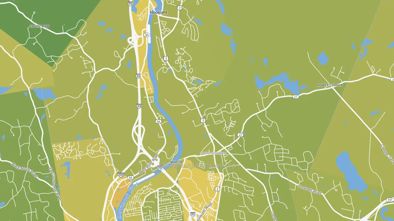 Map of the best neighborhoods in the Hooksett area, with better matches in green and worse matches in red