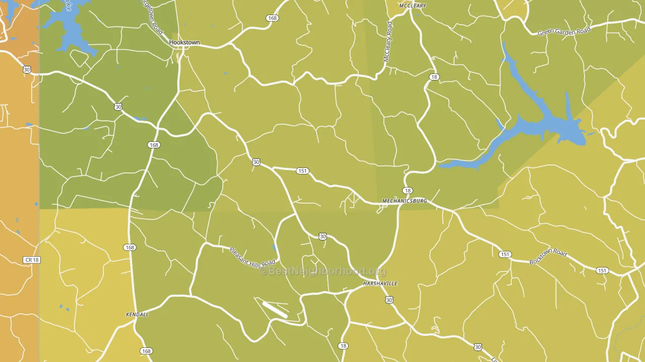 Map of the best neighborhoods in the Hookstown area, with better matches in green and worse matches in red