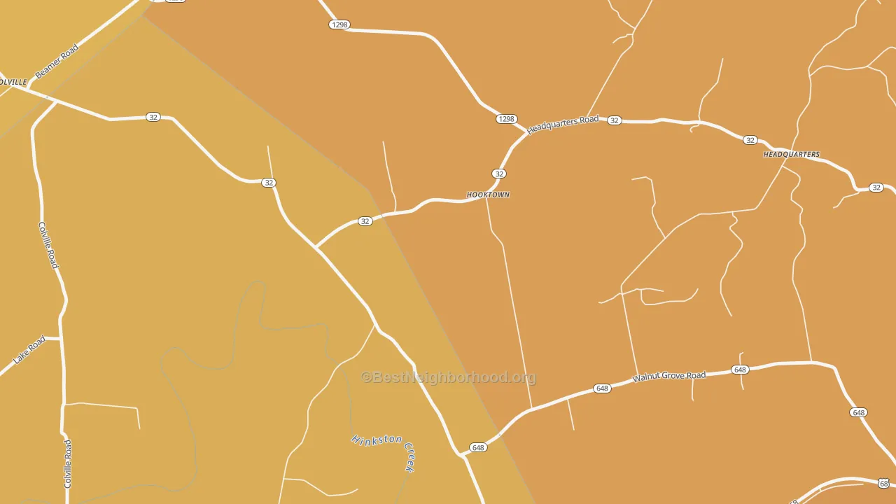 Map of the best neighborhoods in the Hooktown area, with better matches in green and worse matches in red