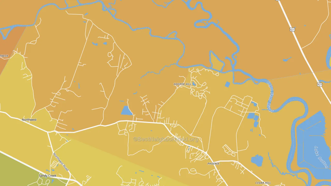 Map of the best neighborhoods in the Hooper Hill area, with better matches in green and worse matches in red