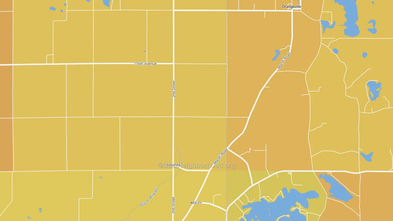 Map of the best neighborhoods in the Hooper area, with better matches in green and worse matches in red