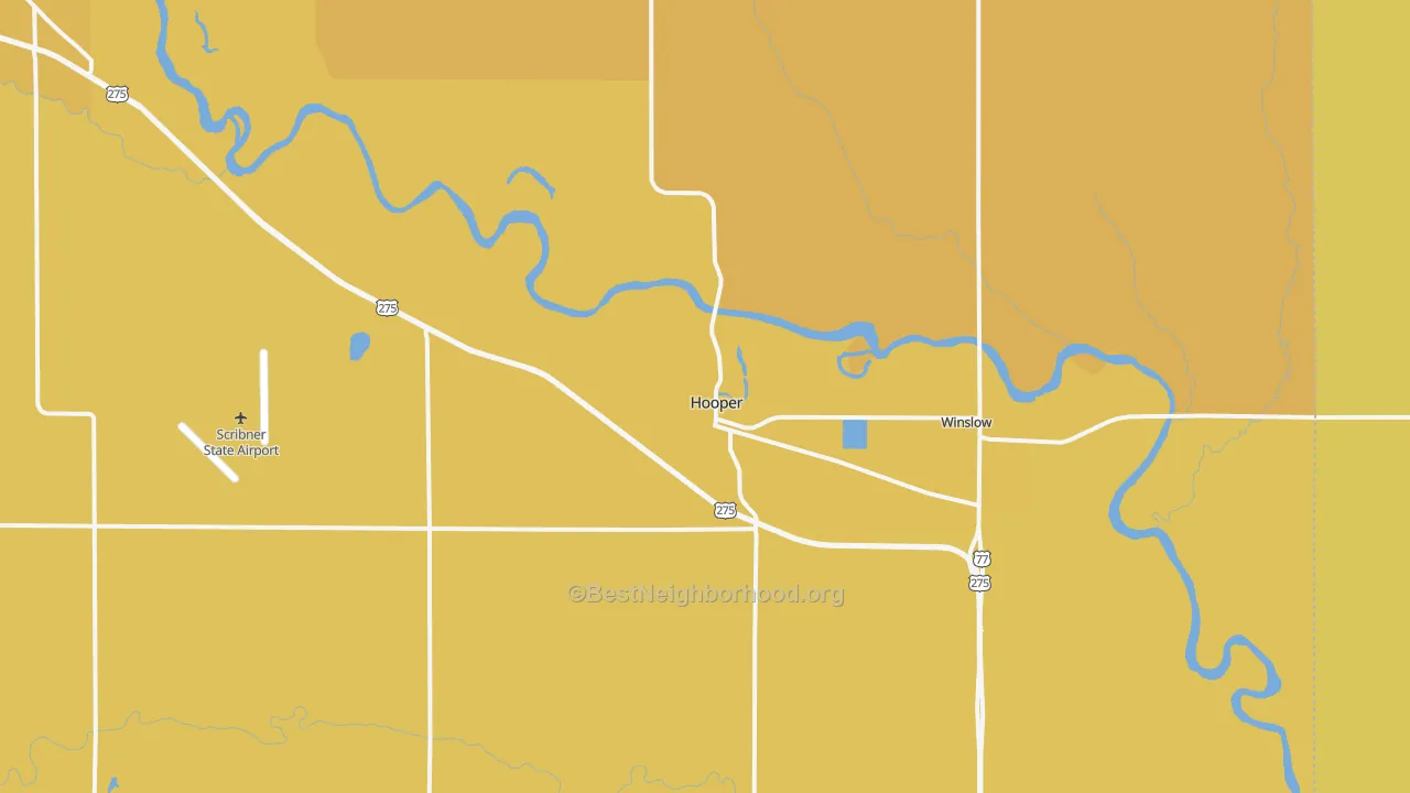 Map of the best neighborhoods in the Hooper area, with better matches in green and worse matches in red