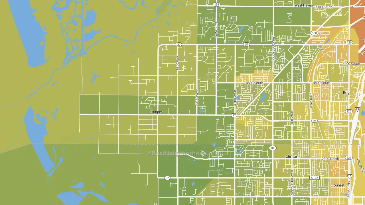 Map of the best neighborhoods in the Hooper area, with better matches in green and worse matches in red