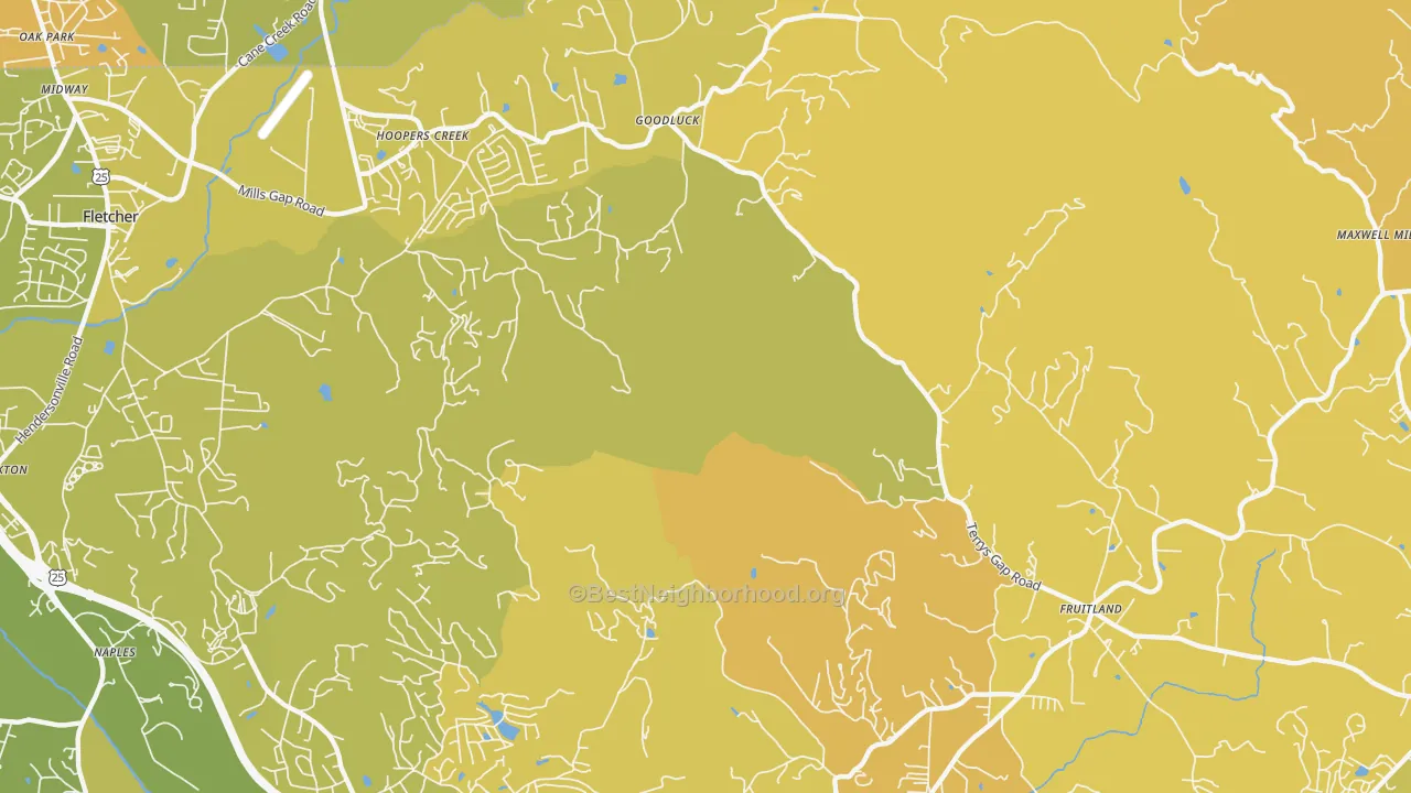 Map of the best neighborhoods in the Hoopers Creek area, with better matches in green and worse matches in red