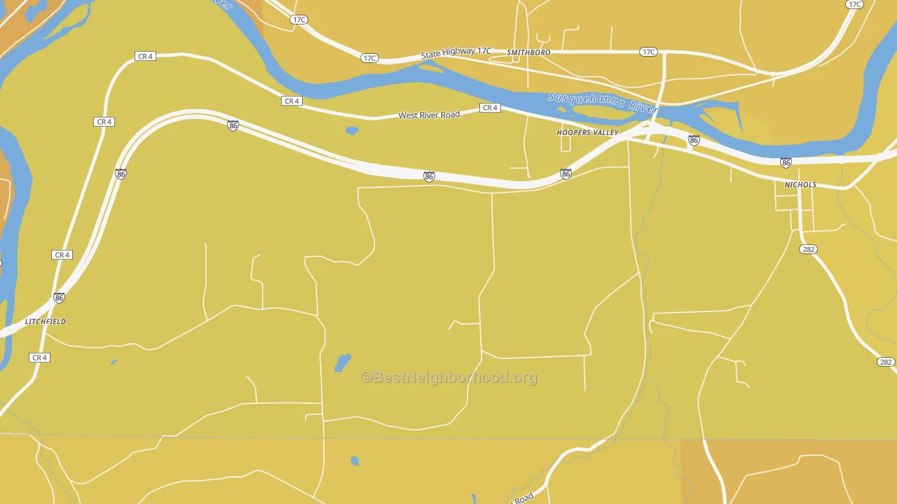 Map of the best neighborhoods in the Hoopers Valley area, with better matches in green and worse matches in red