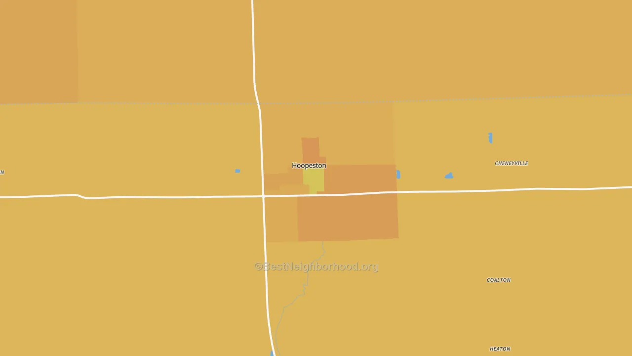Map of the best neighborhoods in the Hoopeston area, with better matches in green and worse matches in red
