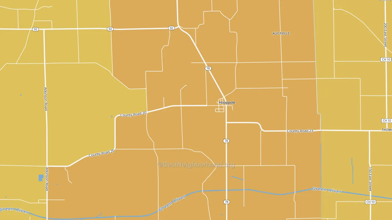 Map of the best neighborhoods in the Hooppole area, with better matches in green and worse matches in red