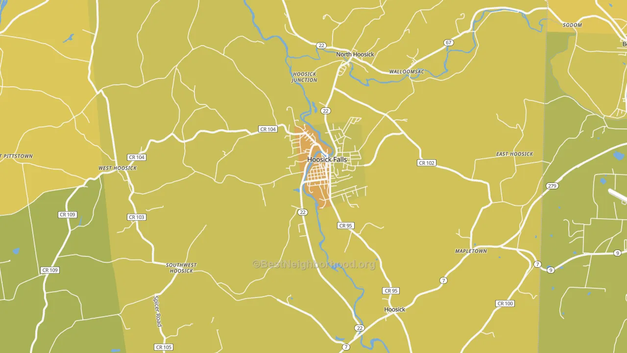 Map of the best neighborhoods in the Hoosick Falls area, with better matches in green and worse matches in red
